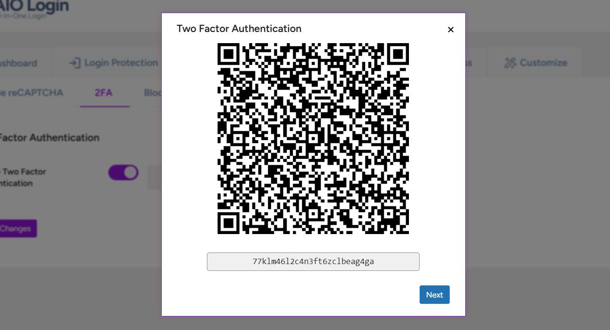 Screen displaying a QR code for 2FA setup using an authenticator app.
