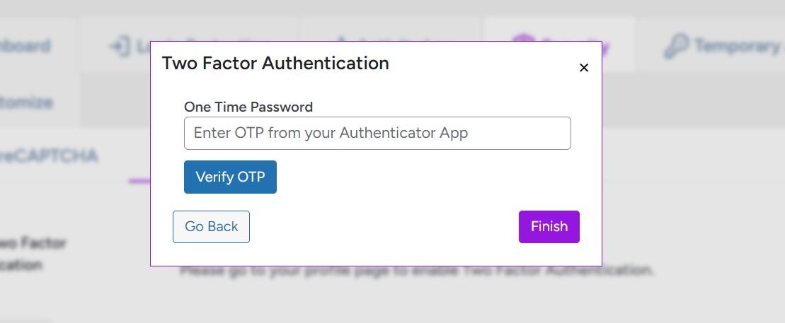 Verification screen for one-time password (OTP) entry in WordPress.