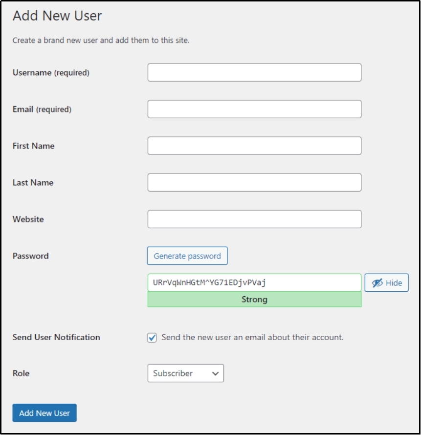 Filling in user information on WordPress dashboard.