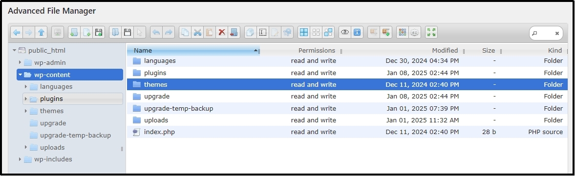 Accessing the file manager interface for website troubleshooting.