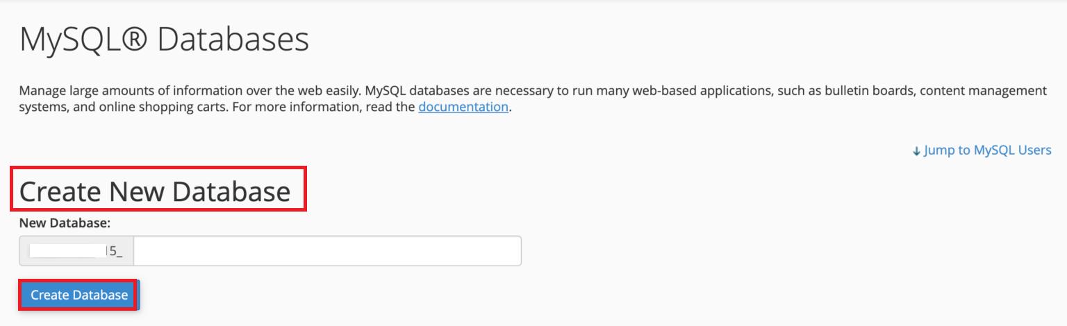 Creating a new database in the control panel for WordPress setup.
