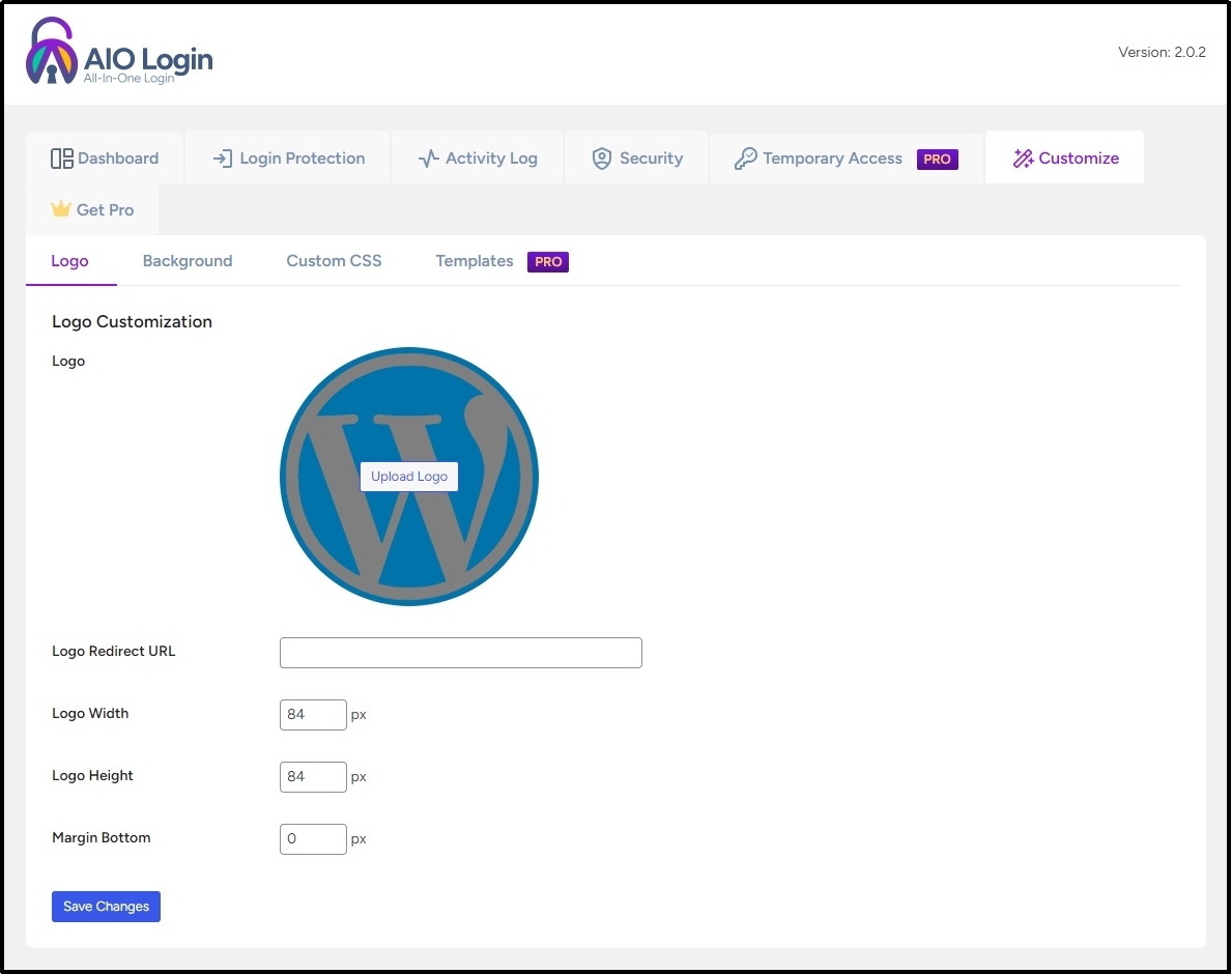 Customization tab showing four subtabs for detailed login page adjustments.
