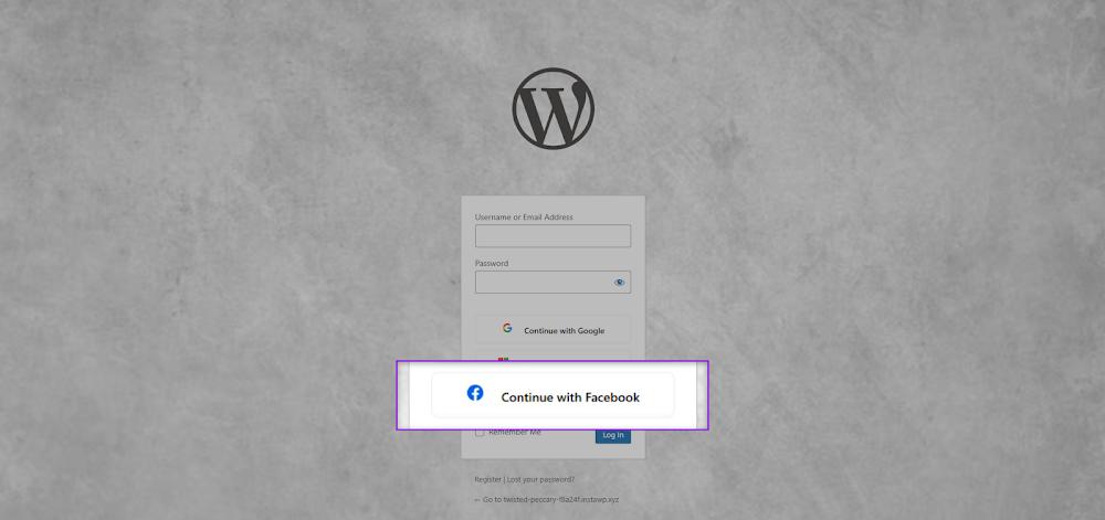 Facebook login setup page with App ID and secret fields.