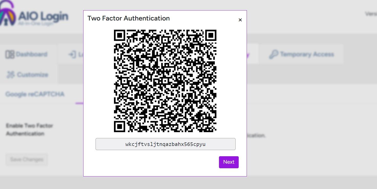 QR code for authenticator app.