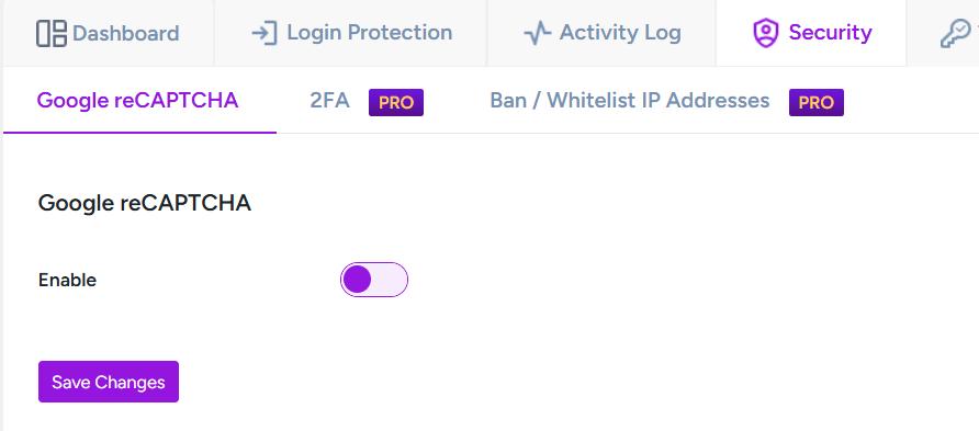 Google reCAPTCHA integration screen.