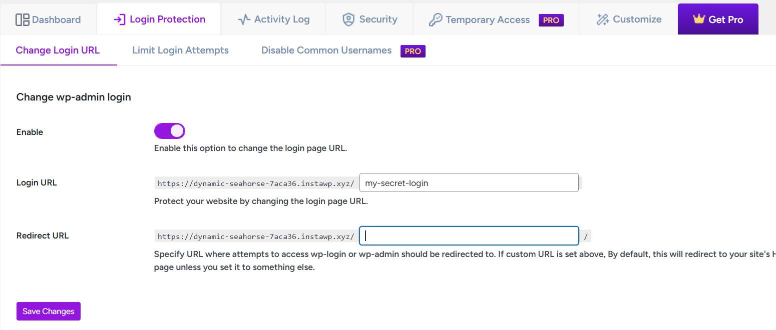 Login protection setting enabled.