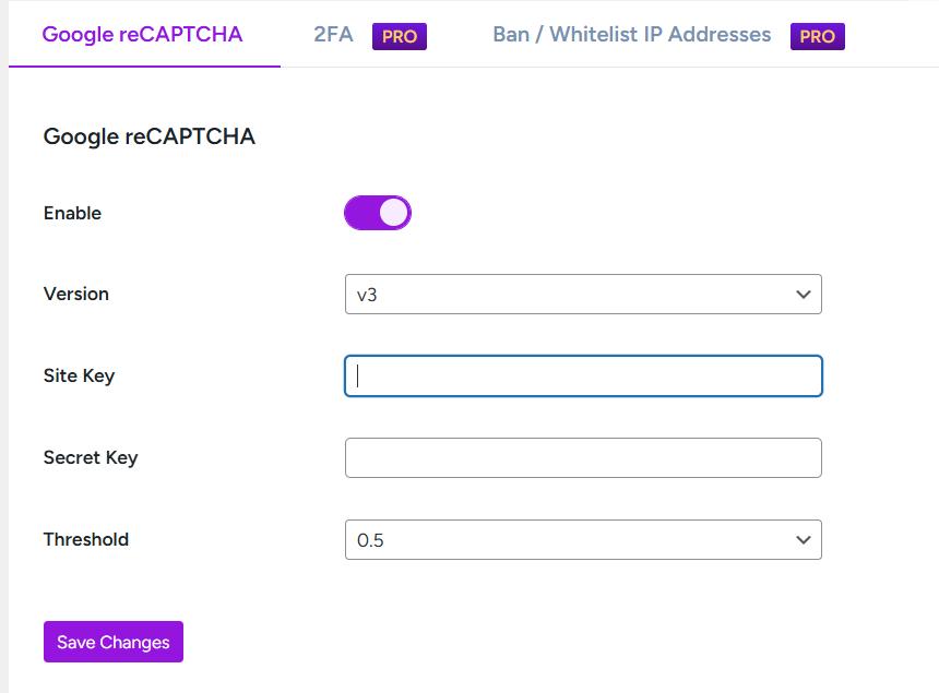 Select reCAPTCHA version menu.
