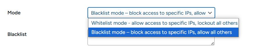 Screenshot of options for selecting a blocking mode