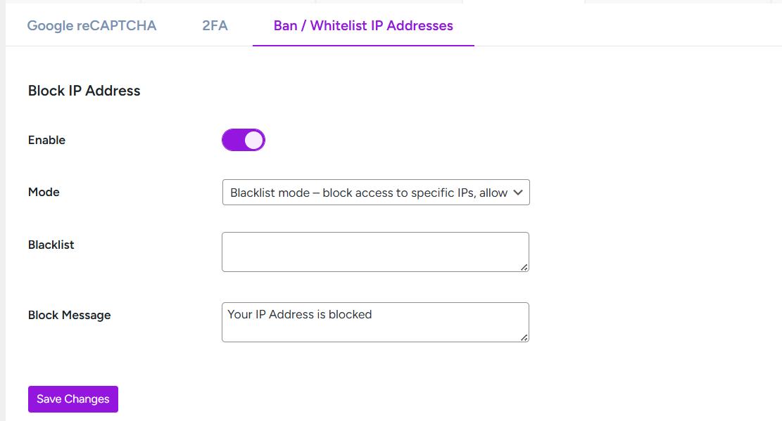 Screenshot of the toggle to enable IP blocking