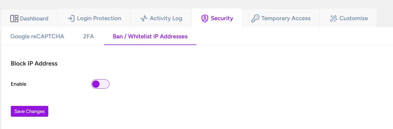 Screenshot of the IP address whitelisting section