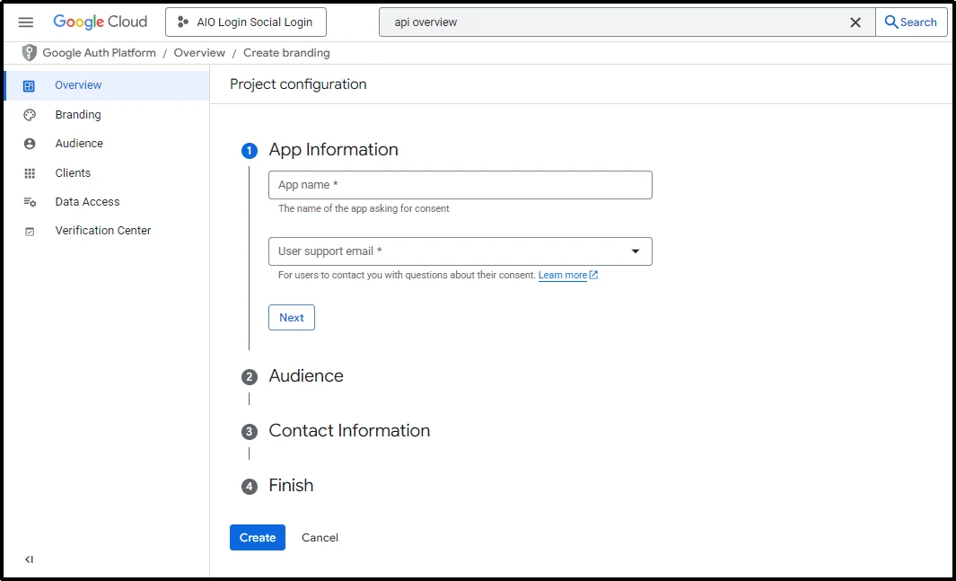 Form fields for application name and support email address.