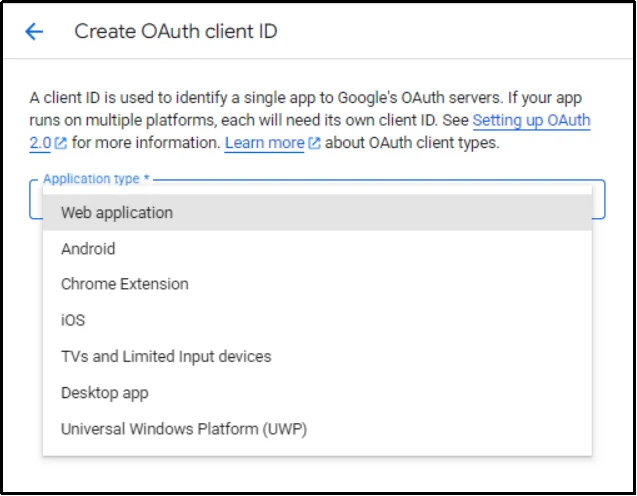 Dropdown menu with "Web application" selected.