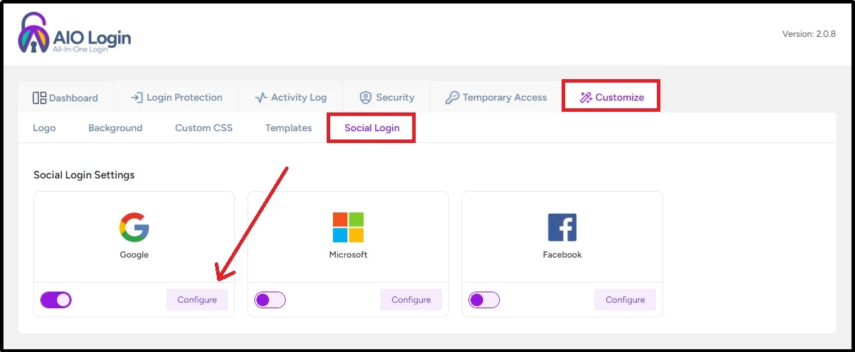 Screenshot highlighting the "Social Login" section in software settings.